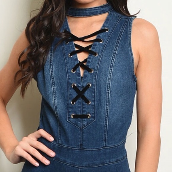 BLUE DENIM SLEEVELESS LACE UP JUMPSUIT - Picture 2 of 9